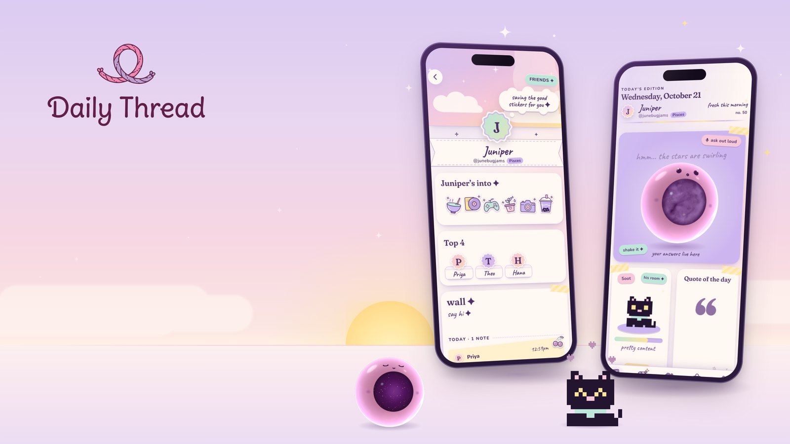 Product art: two phones showing a member's page and the 8 ball on a pastel dreamscape, Soot the pixel cat beside them.
