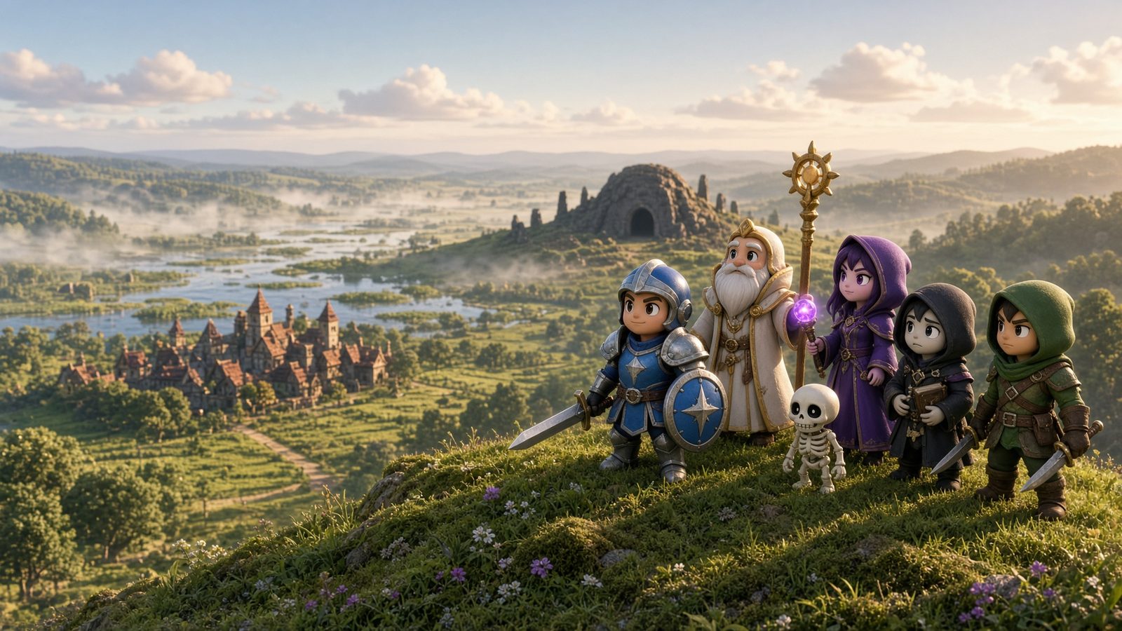 Concept art: five chunky toy-like adventurers on a grassy ridge looking out over a bright valley with a town, a misty fen and a dark barrow.