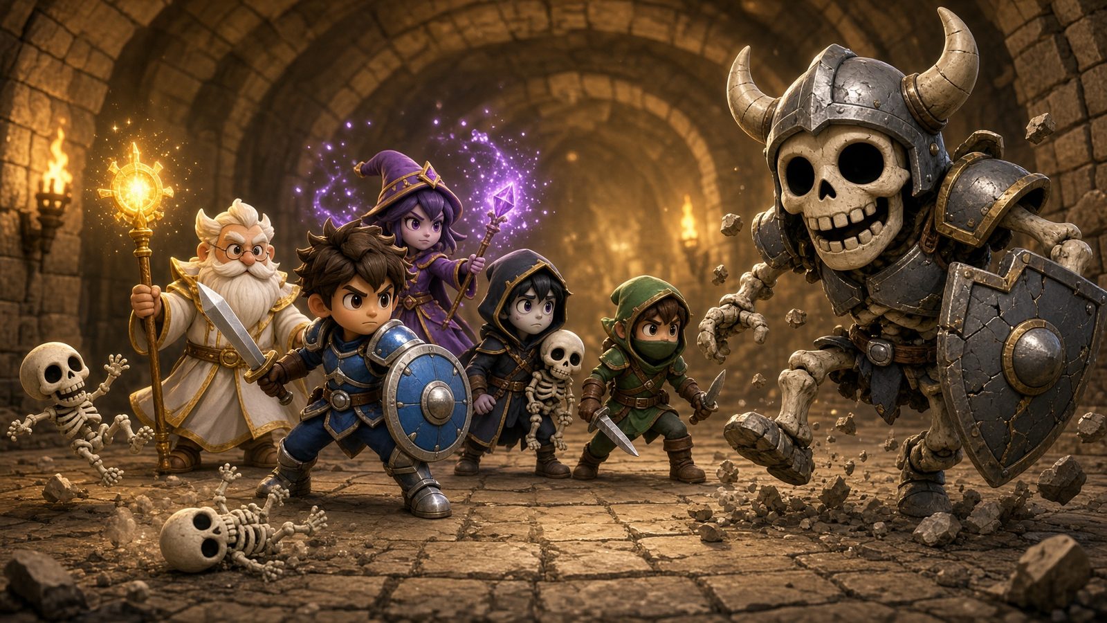 Concept art: the party fighting a goofy horned skull-knight in a torch-lit barrow, the warrior raising his shield.