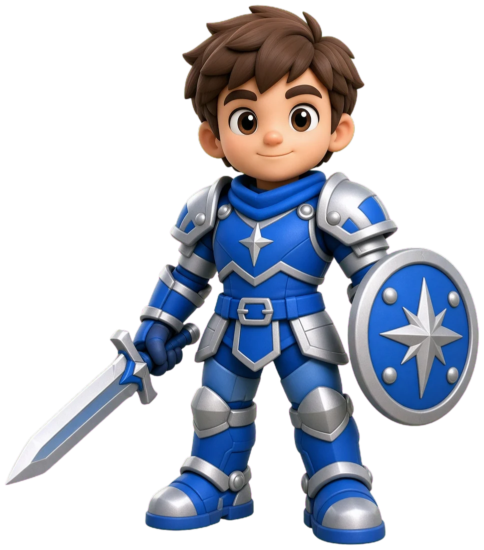 Concept art: a kid warrior in blue-and-silver armor with a round shield and a short sword.