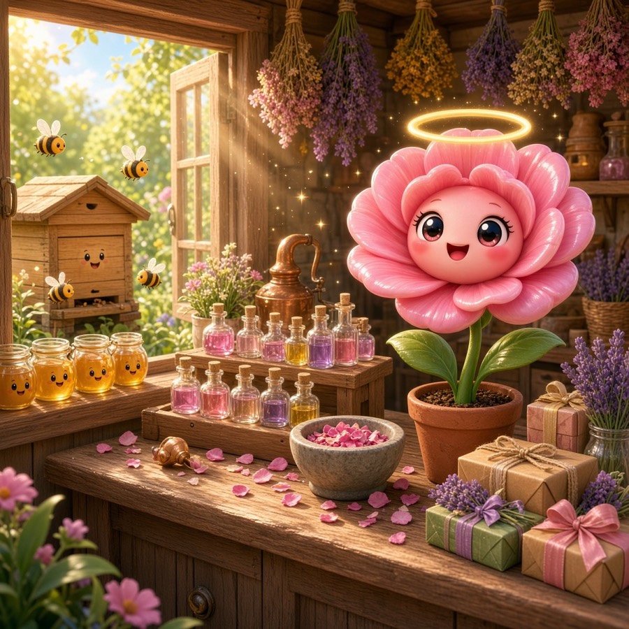 Concept art: an apiary, perfume bottles on a workbench and a shop counter with wrapped orders, Poppy in her pot.