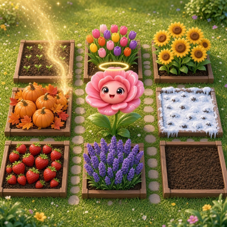 Concept art: an eight-plot garden bed with Poppy at its center, each plot in a different season, a golden Wonderfall shimmer over one.