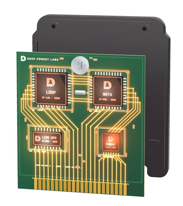 The cartridge opened up: the circuit board in its back shell, four chips glowing