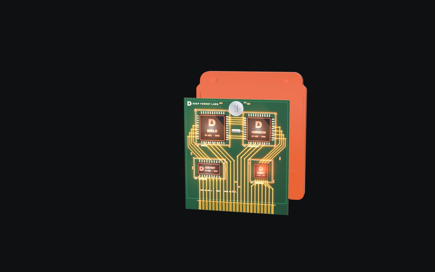 The cartridge opened up: the circuit board in its back shell, four chips glowing