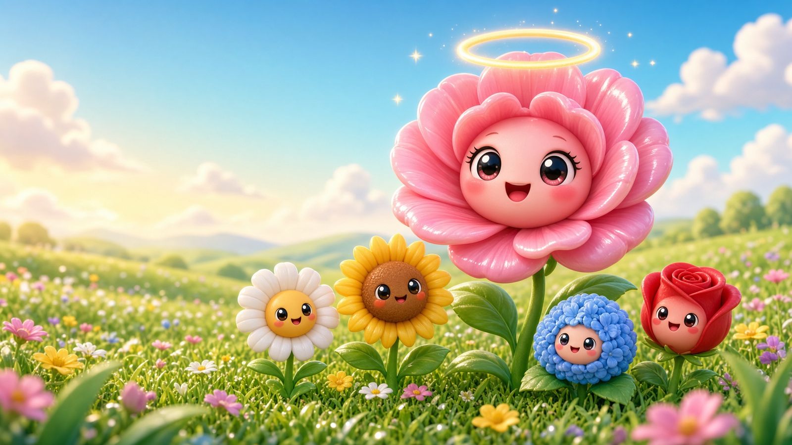 Poppy, a smiling pink flower with a gold halo, in a sunny spring meadow with smaller flower friends.