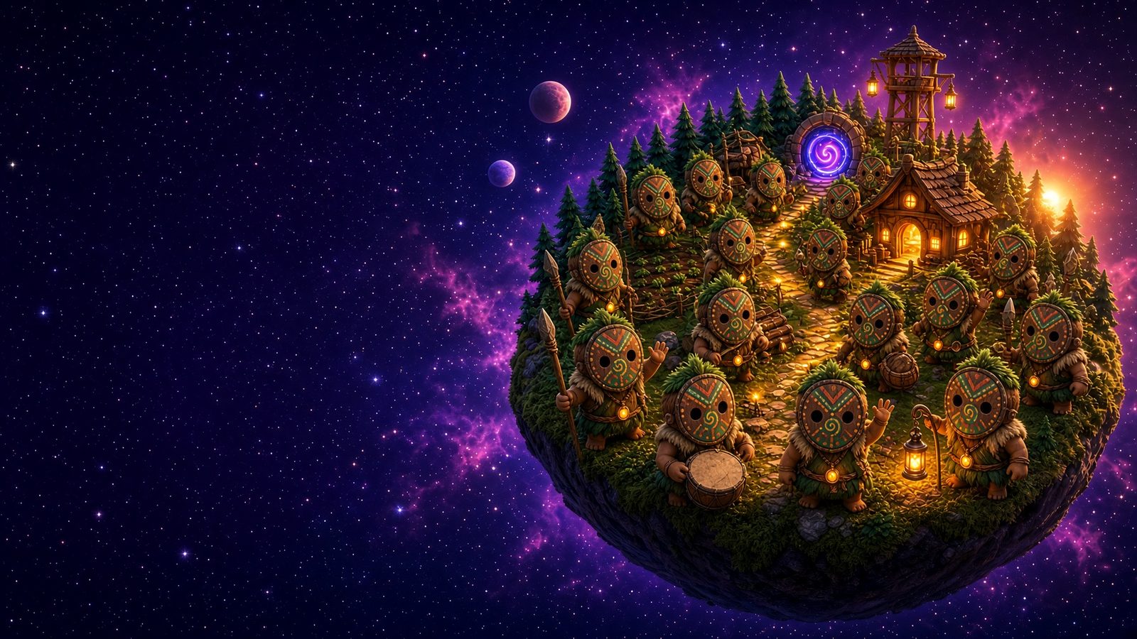 Concept art: a tiny forest planet in violet space, its village busy with small masked tribal folk carrying spears, drums and lanterns along a golden path to a glowing portal.
