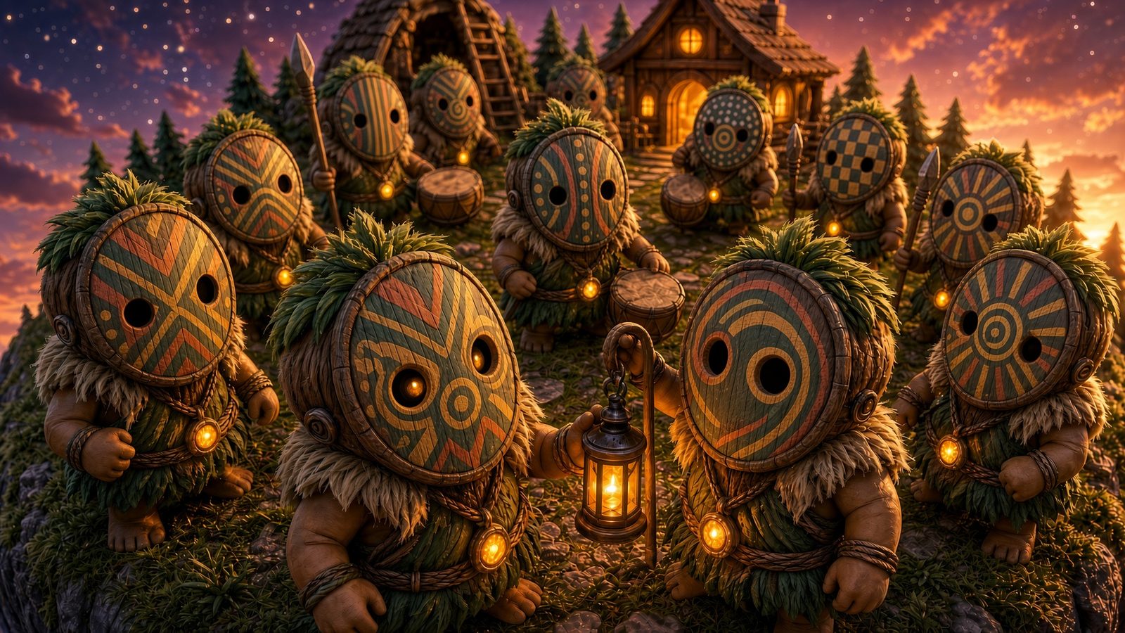 Concept art: a crowd of small masked folk gathered around the viewer, one offering a glowing pendant.