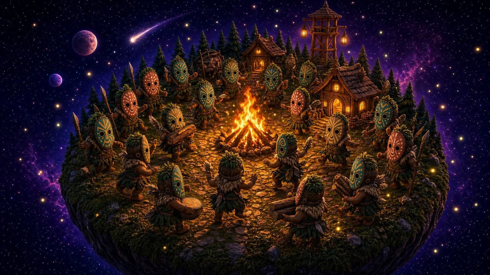 Concept art: the kin's village at night, a bonfire dance ring under two moons.