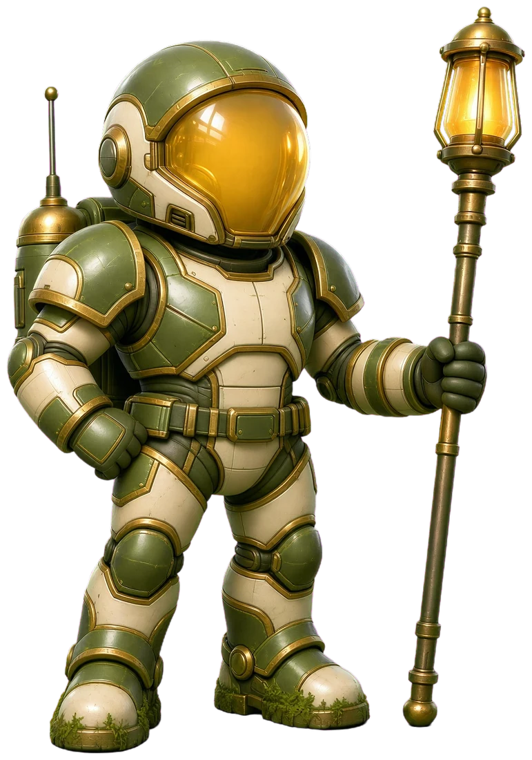 Concept art: an explorer in a chunky moss-green and cream power suit with an amber dome visor, holding a beacon staff.
