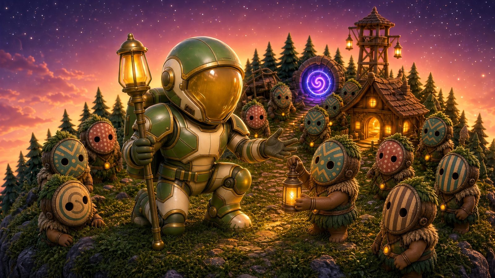 Concept art: the explorer kneeling to greet a small masked kin holding up a lantern.