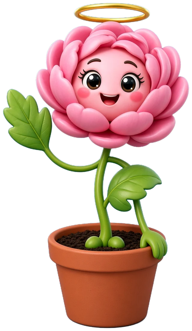 Poppy, the Garden of Wonder flower, in her terracotta pot: pink petals, a gold halo and leaf arms.