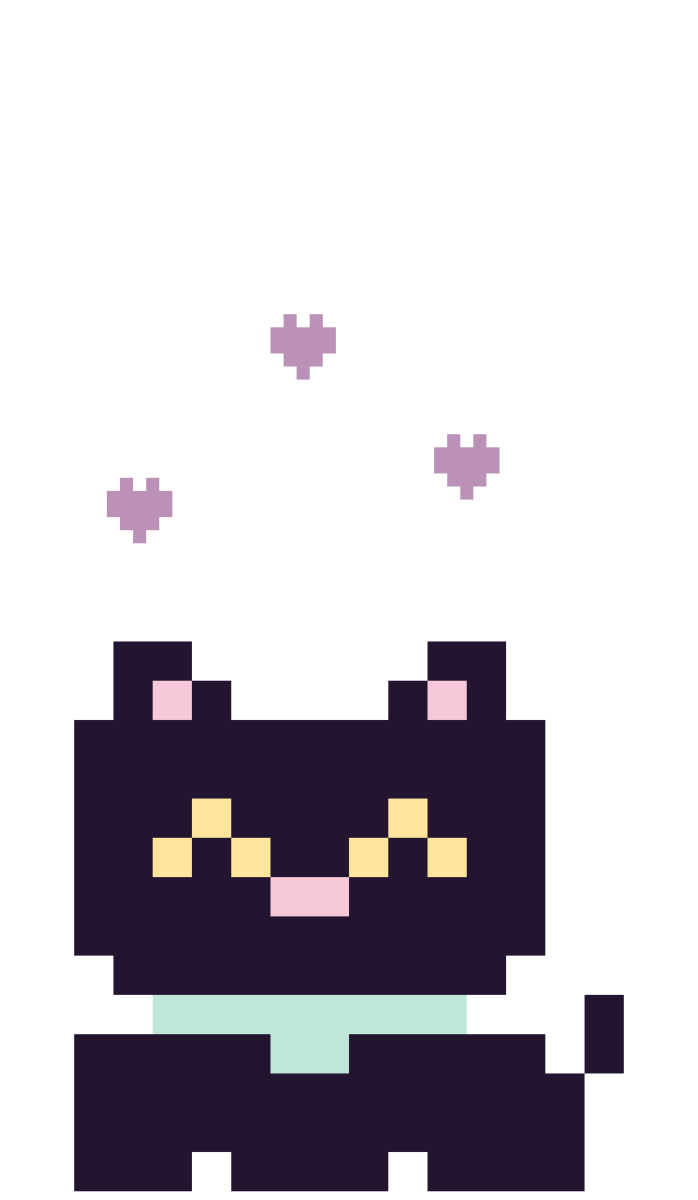 Soot, the pixel cat from Daily Thread, happy, with hearts.